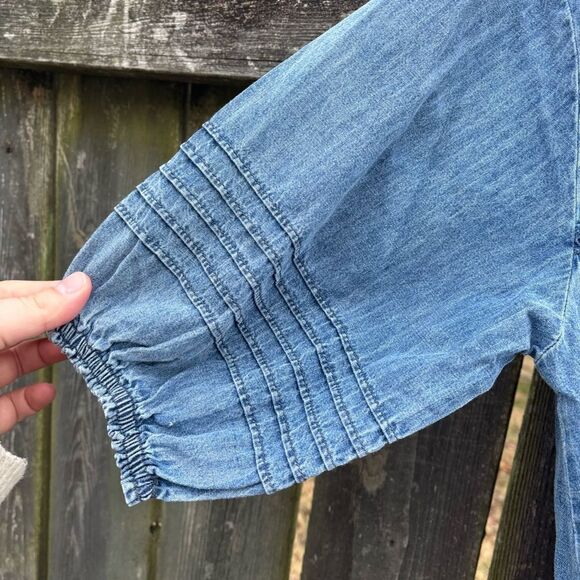 Lalavon Chambray Denim V-Neck Mini Dress Medium - Picture 2 of 7